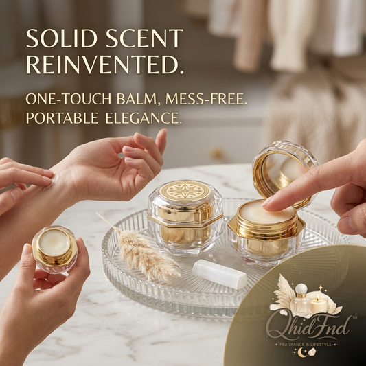 QhidFnd™ Luxury Solid Perfume Balm – Long Lasting Pocket Scent, Portable Travel-Friendly Fragrance Balm for Men and Women, Mess-Free One-Touch Balm in Elegant Crystal-Cut Gold Jar